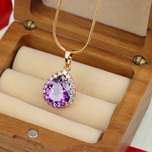 "Teardrop Purple Pendant with Crystal Halo in Elegant Rose Gold Finish, XPPT1615 - Picture 6 of 13